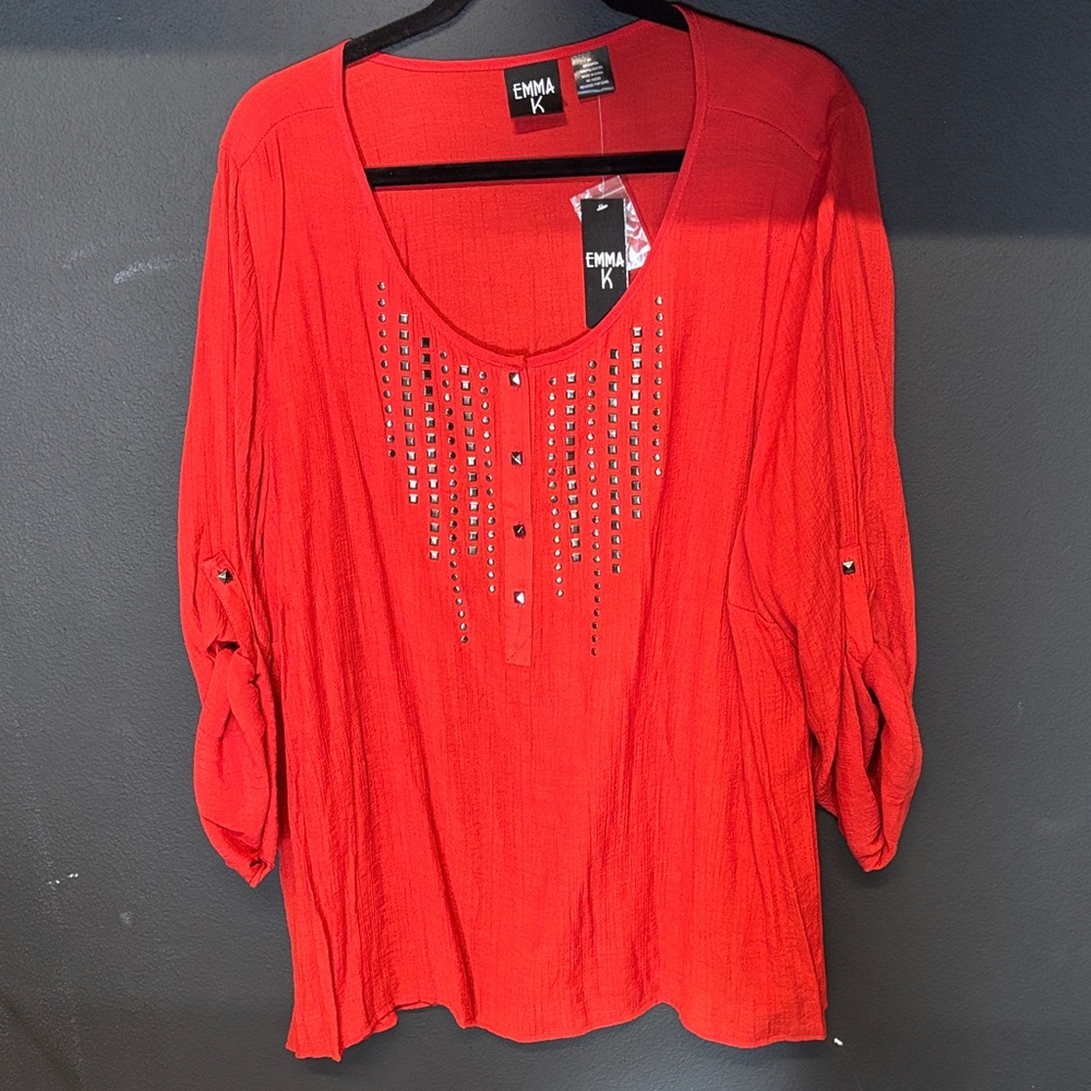 Women's Vibrant Red Blouse with Stud Accents